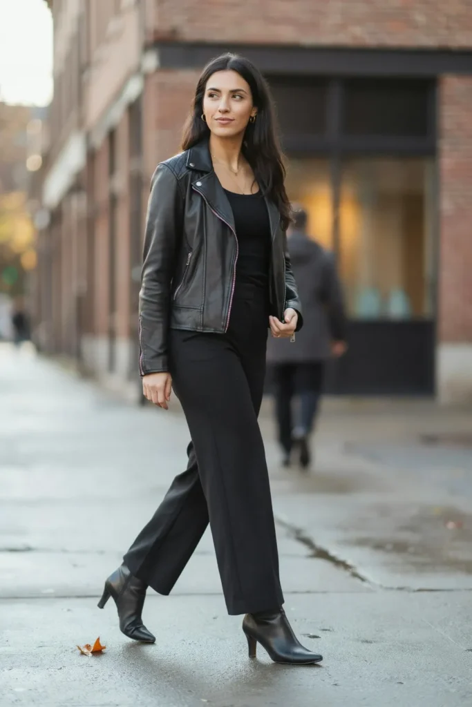 20 Black Outfit Ideas That Make Getting Dressed Feel Ridiculously Easy 4 Black Leather Jacket Wide Leg Pants