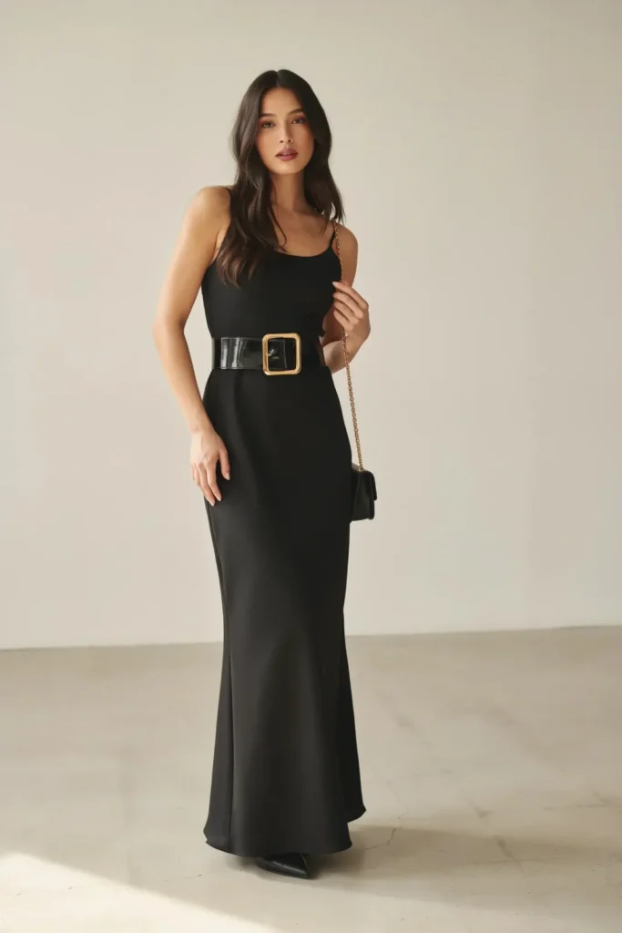 20 Black Outfit Ideas That Make Getting Dressed Feel Ridiculously Easy 8 Black Maxi Dress Statement Belt