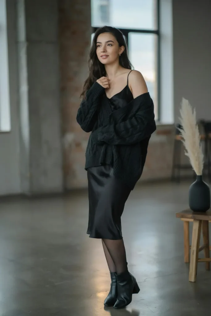 20 Black Outfit Ideas That Make Getting Dressed Feel Ridiculously Easy 3 Black Slip Dress Oversized Sweater