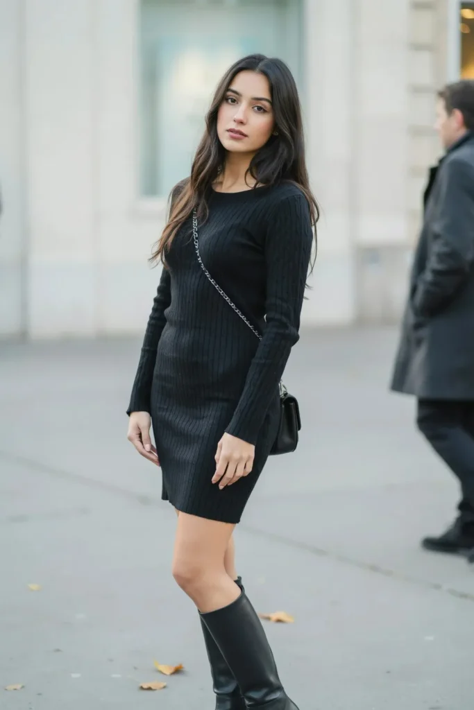20 Black Outfit Ideas That Make Getting Dressed Feel Ridiculously Easy 10 Black Sweater Dress Knee High Boots