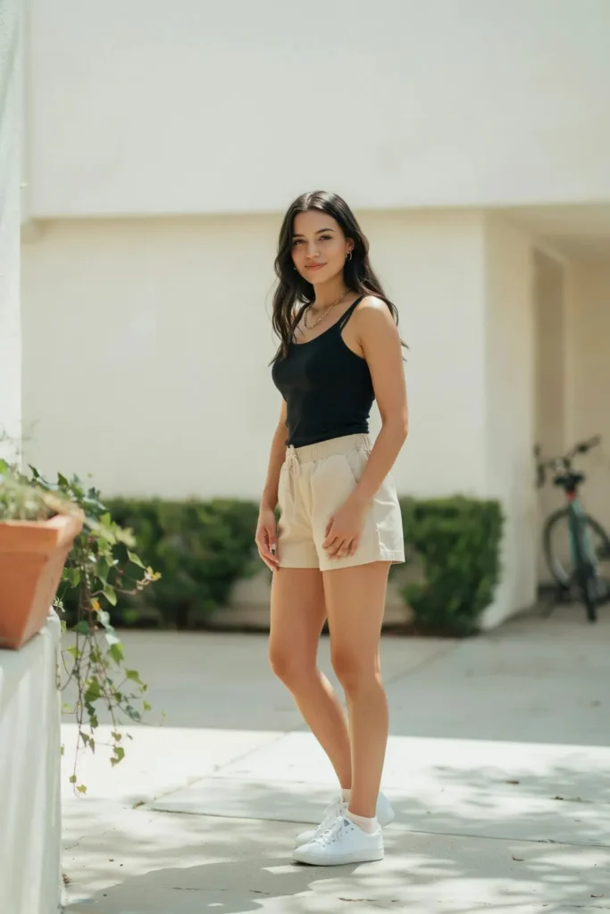 18 Shorts Outfit Ideas That Look Effortlessly Cool, Not Like You Just Gave Up 13 Black Tank Beige Shorts