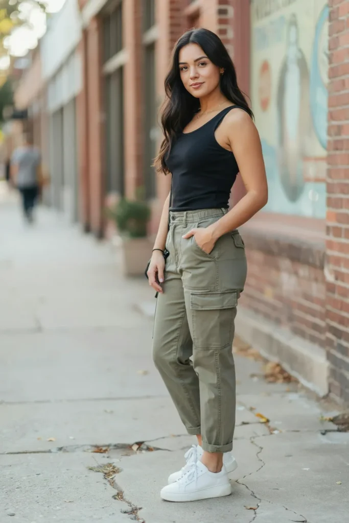 18 Outfit Ideas for Women That Make Getting Dressed Way More Fun 9 Black Tank Cargo Pant