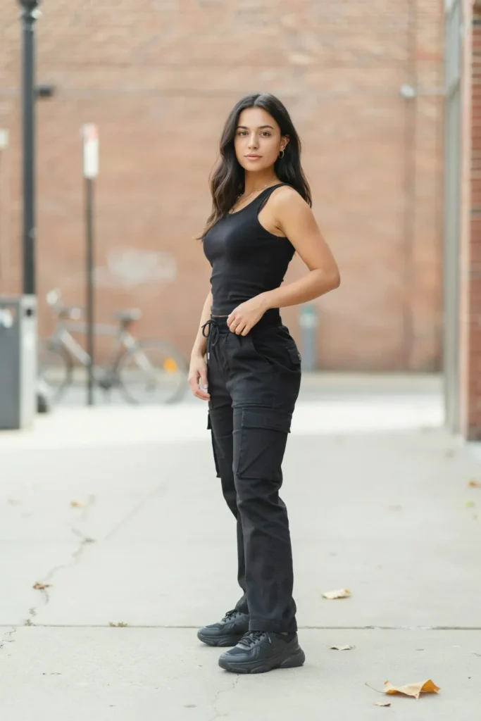 20 Black Outfit Ideas That Make Getting Dressed Feel Ridiculously Easy 9 Black Tank Cargo Pants
