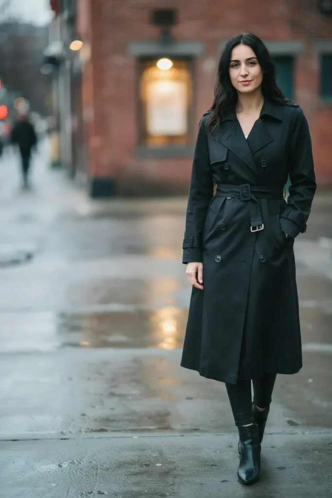 20 Black Outfit Ideas That Make Getting Dressed Feel Ridiculously Easy 15 Black Trench Coat Leggings