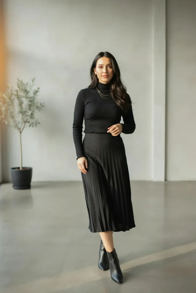 20 Black Outfit Ideas That Make Getting Dressed Feel Ridiculously Easy 5 Black Turtleneck Midi Skirt