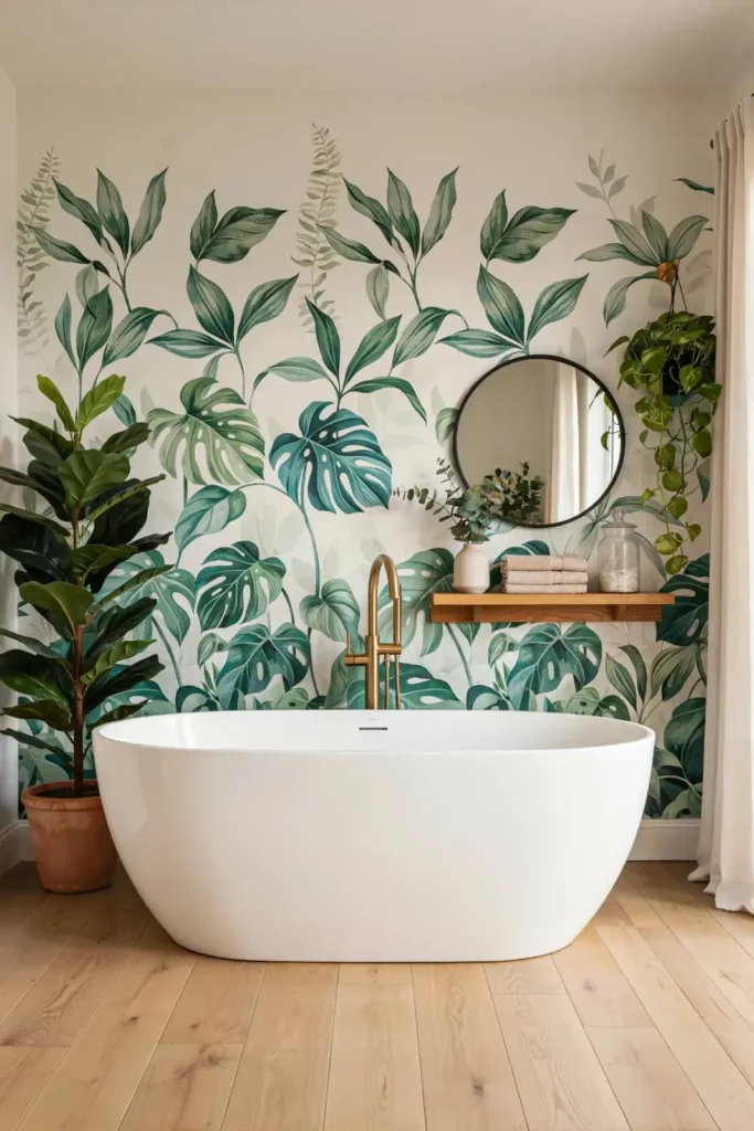 17 Green Bathroom Ideas That Are Giving “Luxury Spa Meets Pinterest Queen” Energy 9 Botanical Wallpaper for a Fresh Nature Look