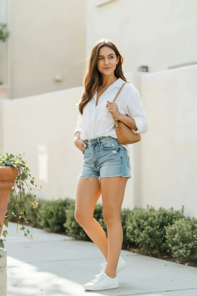 18 Outfit Ideas for Women That Make Getting Dressed Way More Fun 10 Button Up Shirt Denim Shorts