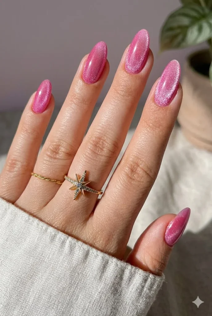 18 Pink Chrome Nail Ideas That Are So Good, You’ll Stare At Your Hands All Day 8 Cosmic Cat Eye Pink Chrome