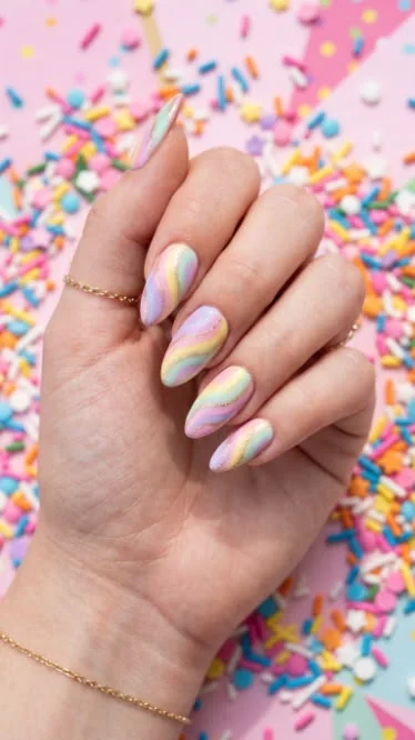 17 Pink Almond Nail Ideas That Are So Pretty, Your Mani Will Break the Group Chat 16 Cotton Candy Swirl Skittle
