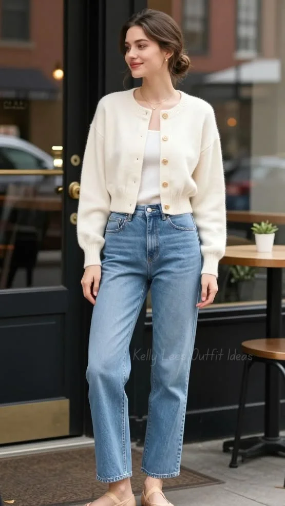 Your Everyday Style Refresh Starts With These 17 Korean Outfit Ideas 6 Cropped Cardigan With High Waisted Jeans