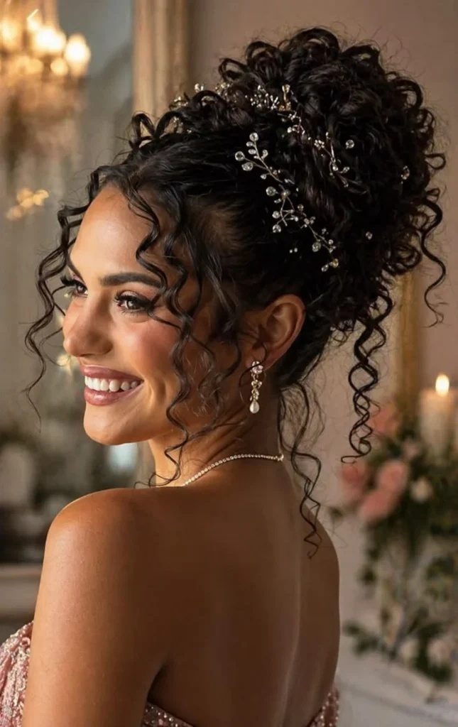 19 Cute Hairstyles for Curly Hair That'll Make You Fall in Love With Your Curls All Over Again 15 Curly High Bun With Accessories