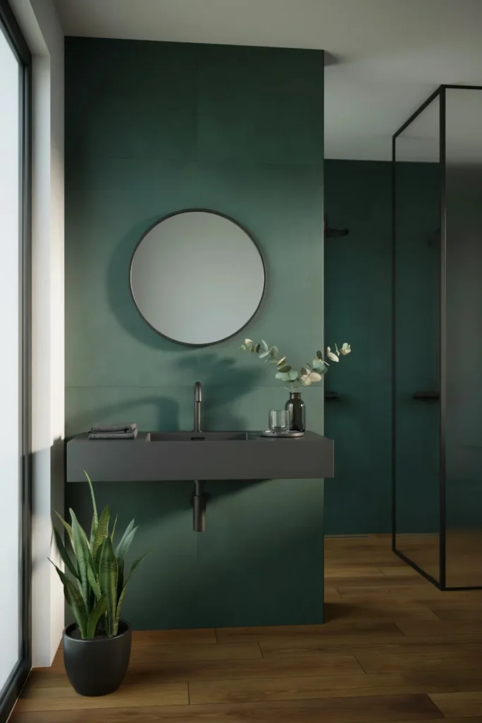 17 Green Bathroom Ideas That Are Giving “Luxury Spa Meets Pinterest Queen” Energy 10 Dark Green and Black Modern Minimalism