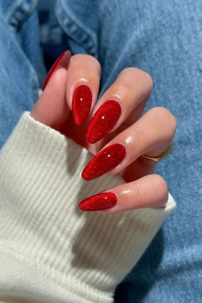 A Little Holiday Glam: 16 Red Christmas Nails That Feel Chic and Festive 5 Deep Red Velvet Nails