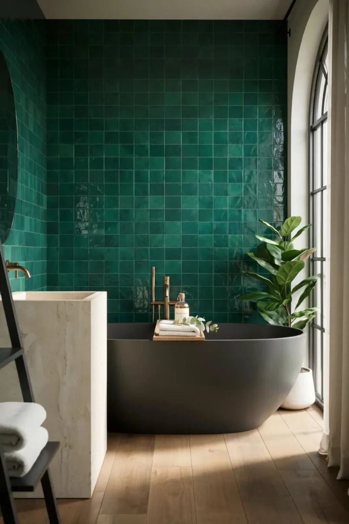 17 Green Bathroom Ideas That Are Giving “Luxury Spa Meets Pinterest Queen” Energy 3 Emerald Green Tiles That Feel Expensive