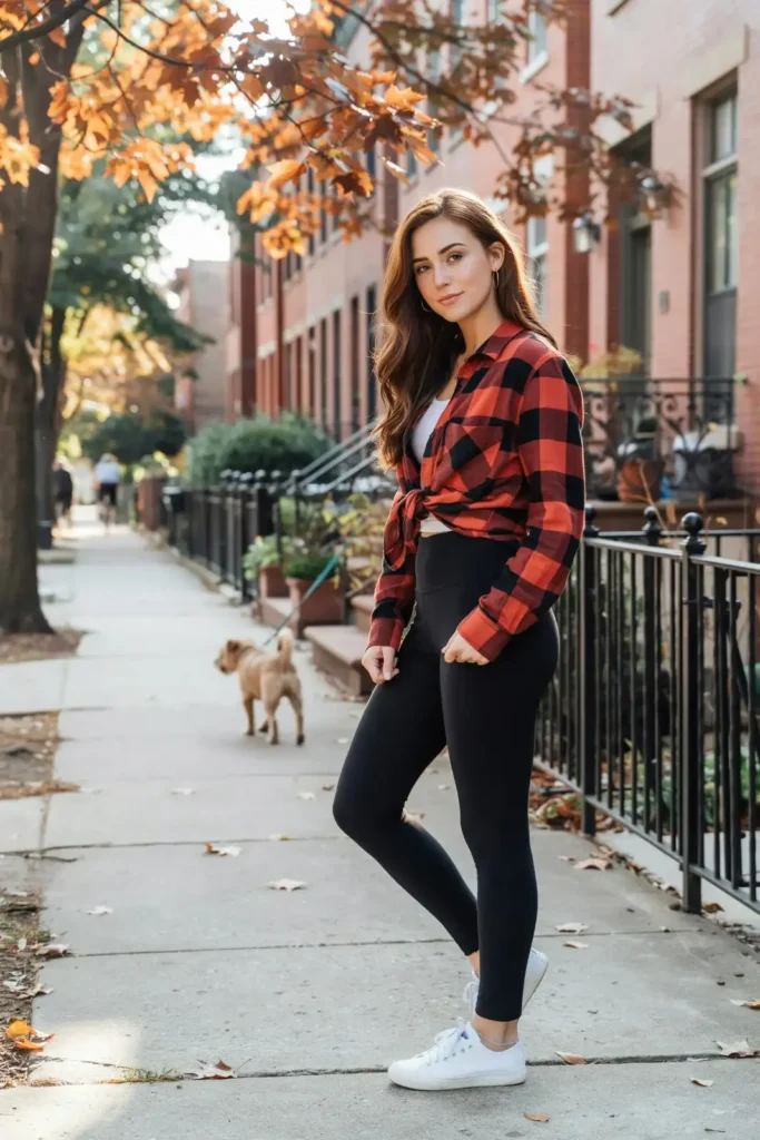 18 Outfit Ideas for Women That Make Getting Dressed Way More Fun 18 Flannel Shirt Black Leggings