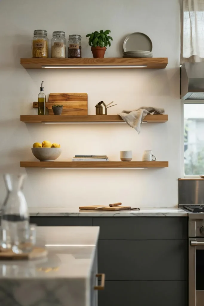 18 Kitchen Shelving Ideas That Make Your Space Look Straight Out of Pinterest 15 Floating Shelves with Under Lighting