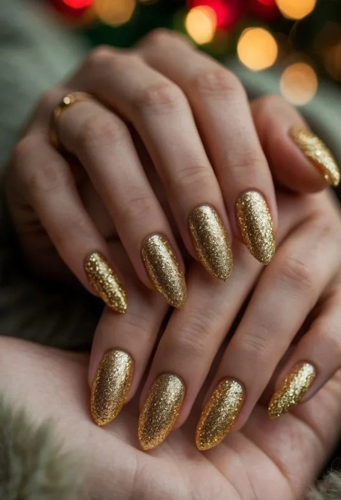 Make Your Holiday Mani Feel Magical With These 15 Christmas Nail Ideas 6 Gold Glitter Accent Nails