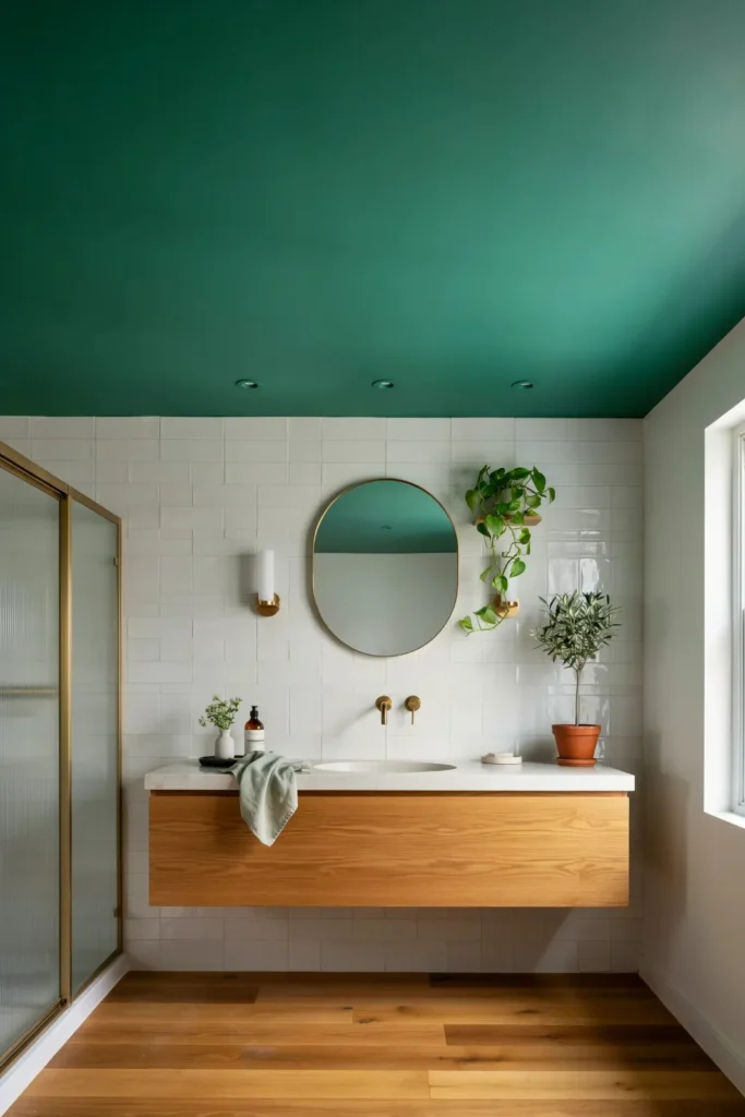 17 Green Bathroom Ideas That Are Giving “Luxury Spa Meets Pinterest Queen” Energy 13 Green Ceiling for Unexpected Style