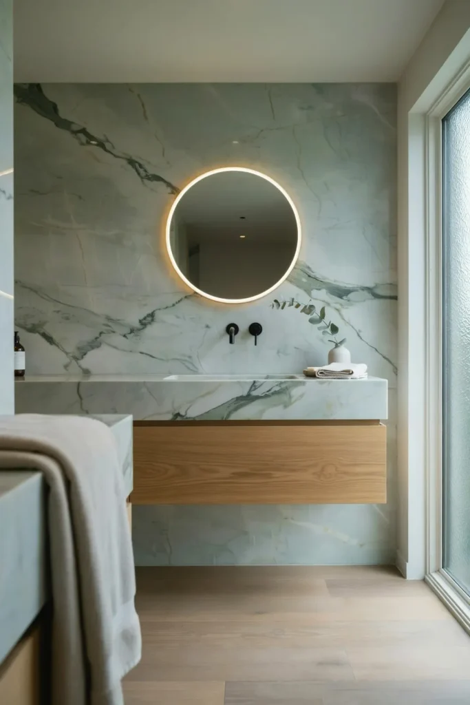 17 Green Bathroom Ideas That Are Giving “Luxury Spa Meets Pinterest Queen” Energy 7 Green Marble for Quiet Luxury Energy