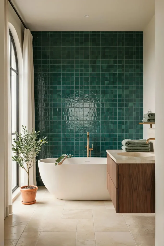 17 Green Bathroom Ideas That Are Giving “Luxury Spa Meets Pinterest Queen” Energy 15 Green Mosaic Tiles for Texture Lovers
