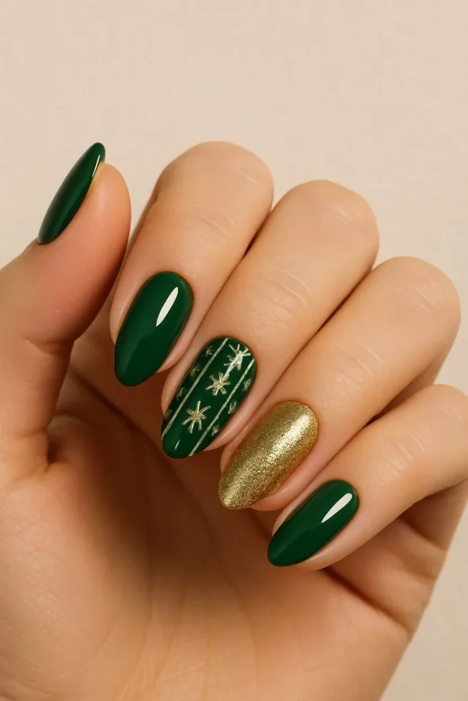 Holiday Nails Made Easy: 17 Simple Christmas Nails That Still Feel Special 5 Green Nails with One Gold Accent