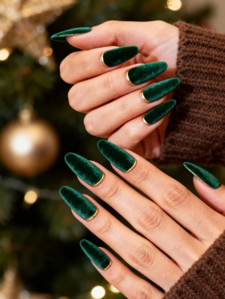 Make Your Holiday Mani Feel Magical With These 15 Christmas Nail Ideas 5 Green Velvet Christmas Nails