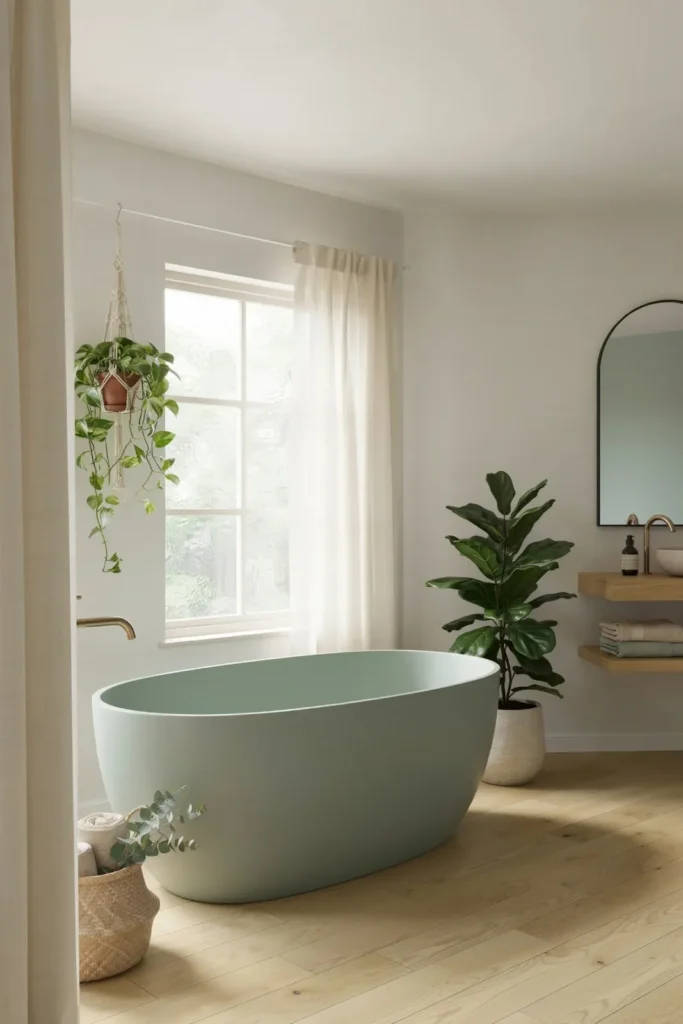 17 Green Bathroom Ideas That Are Giving “Luxury Spa Meets Pinterest Queen” Energy 12 Green and Wood Scandinavian Style