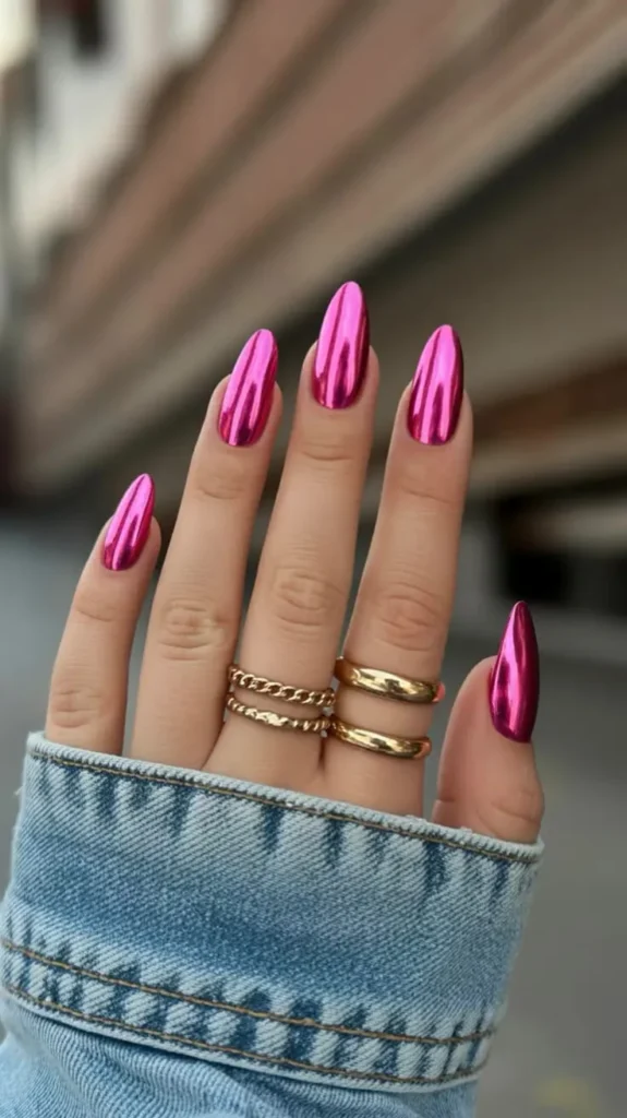 18 Pink Chrome Nail Ideas That Are So Good, You’ll Stare At Your Hands All Day 3 Hot Pink Chrome Coffin Extravaganza