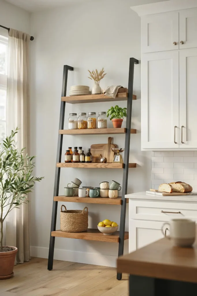 18 Kitchen Shelving Ideas That Make Your Space Look Straight Out of Pinterest 17 Ladder Style Shelving