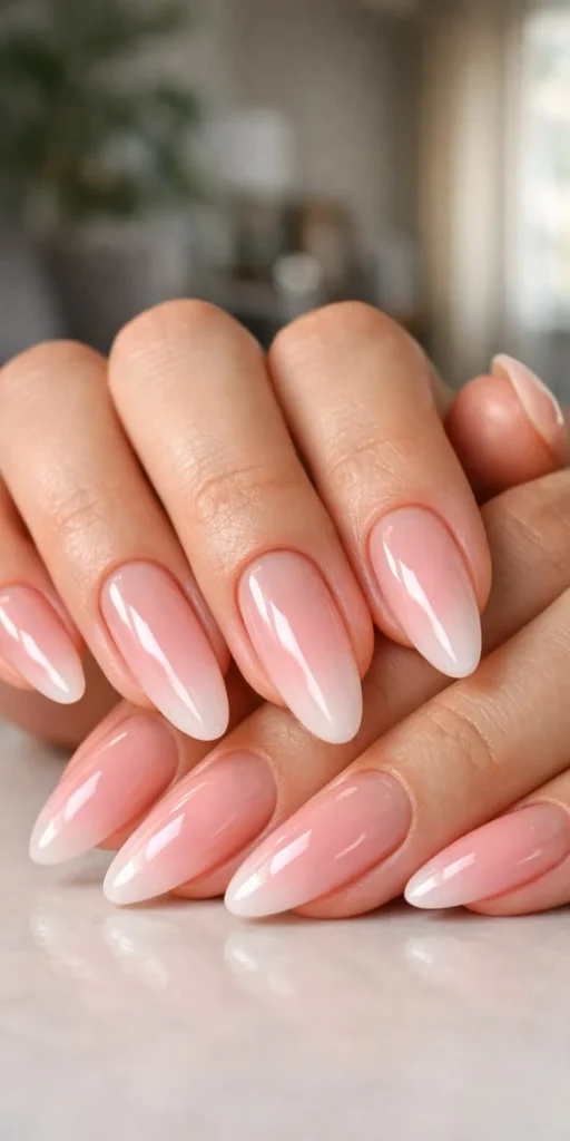 17 Pink Almond Nail Ideas That Are So Pretty, Your Mani Will Break the Group Chat 5 Milky Pink French Twist