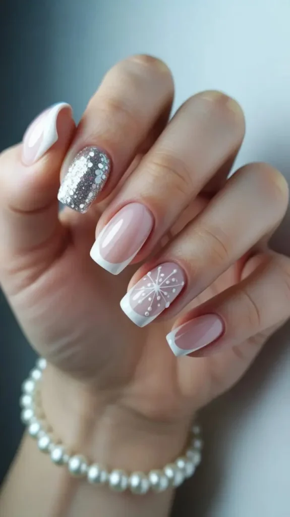 Holiday Nails Made Easy: 17 Simple Christmas Nails That Still Feel Special 7 Milky White Nails with Silver Glitter