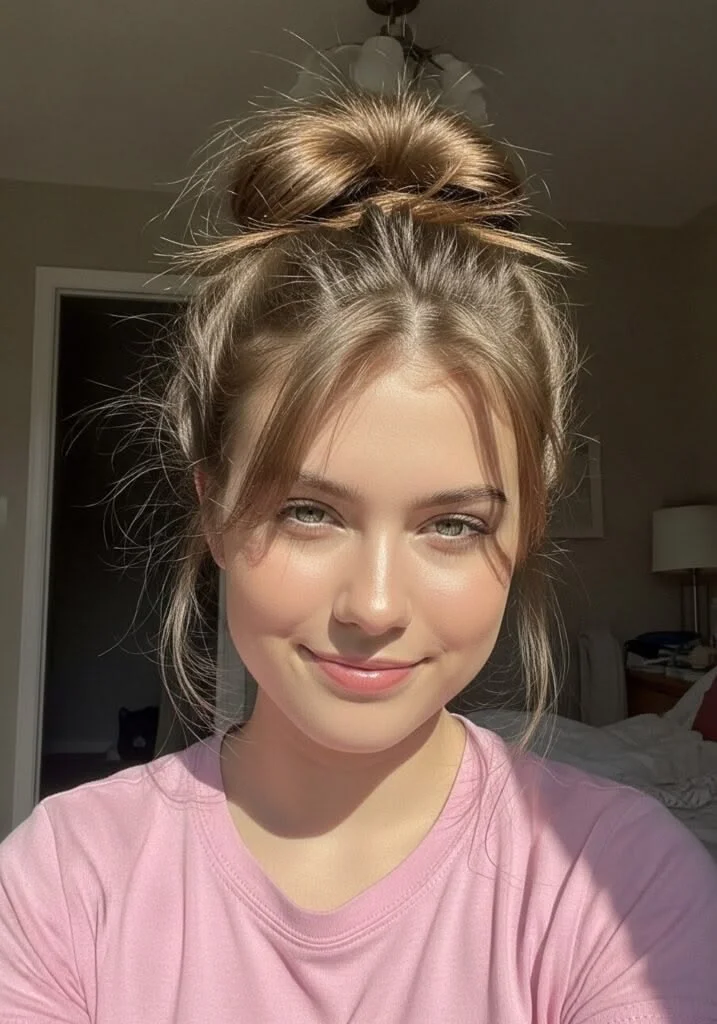 15 Cute Hairstyles for Medium Hair That Look Way Harder Than They Are 14 Mini Top Knot