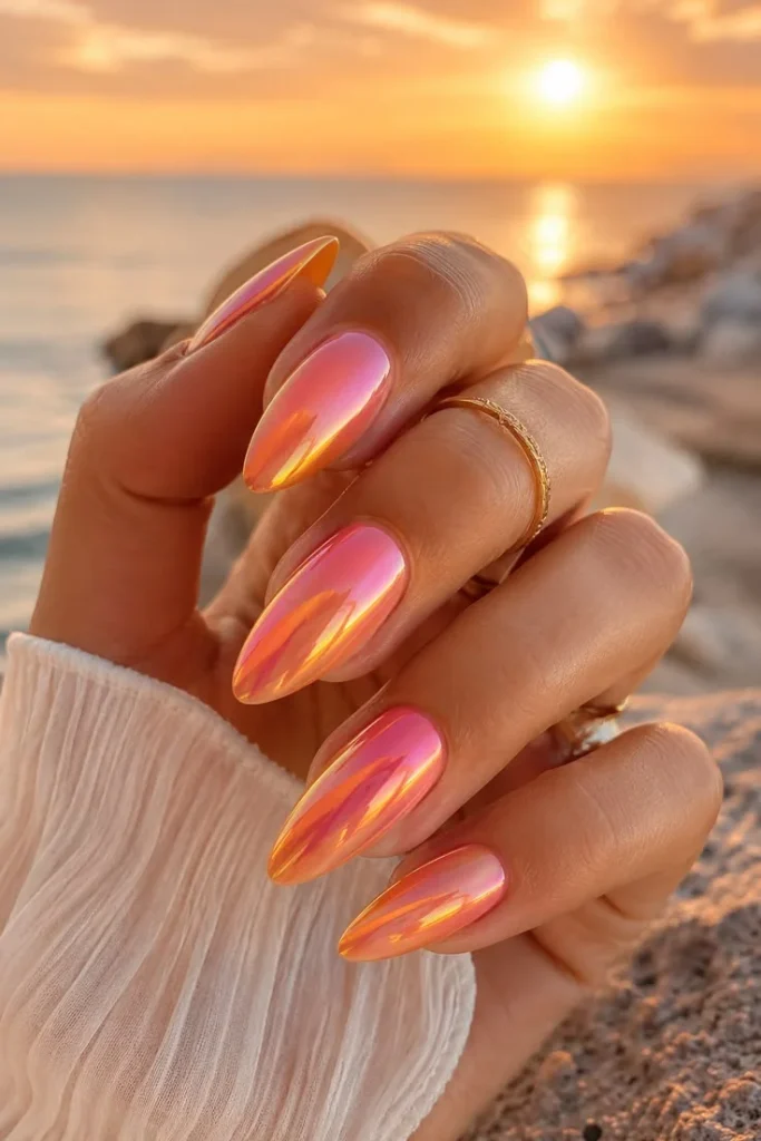 18 Pink Chrome Nail Ideas That Are So Good, You’ll Stare At Your Hands All Day 16 Neon Sunset Chrome