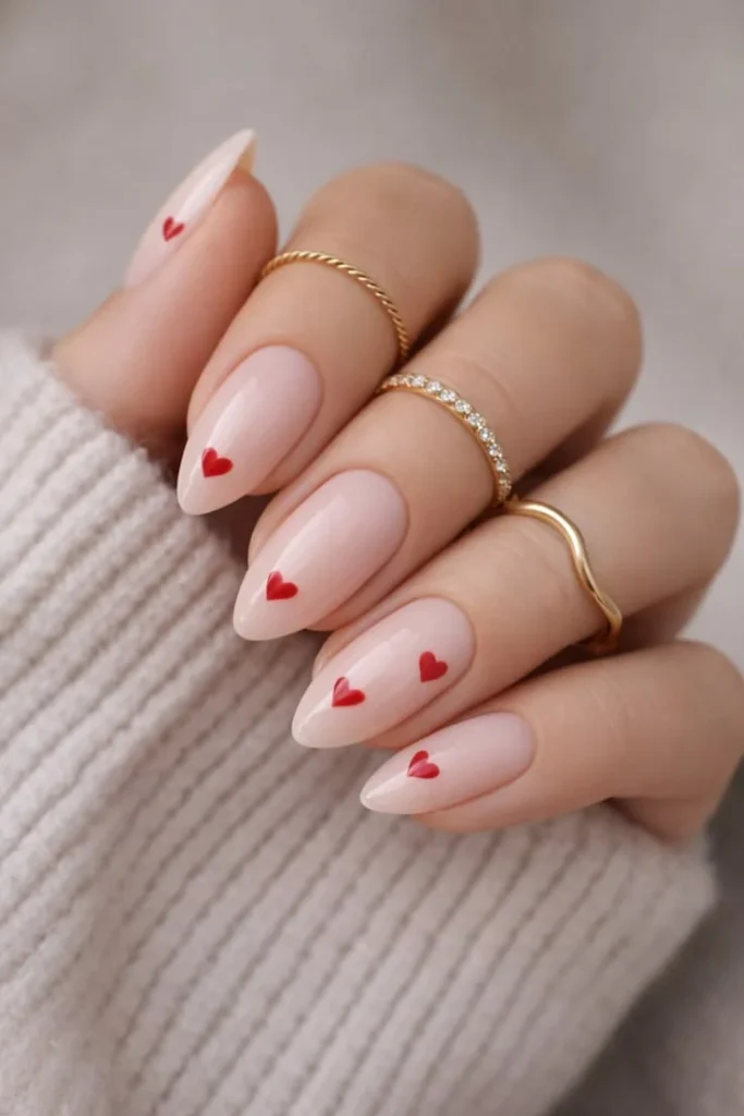 Holiday Nails Made Easy: 17 Simple Christmas Nails That Still Feel Special 15 Nude Nails with Red Hearts