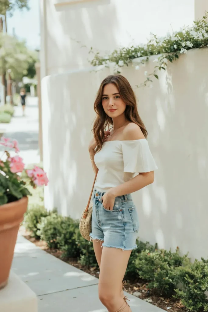 18 Shorts Outfit Ideas That Look Effortlessly Cool, Not Like You Just Gave Up 11 Off Shoulder Top Denim Shorts