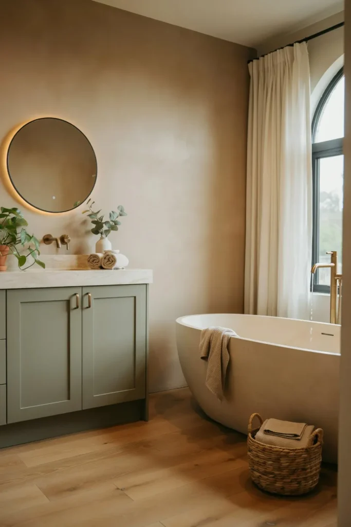 17 Green Bathroom Ideas That Are Giving “Luxury Spa Meets Pinterest Queen” Energy 4 Olive Green Cabinets for a Modern Earthy Look