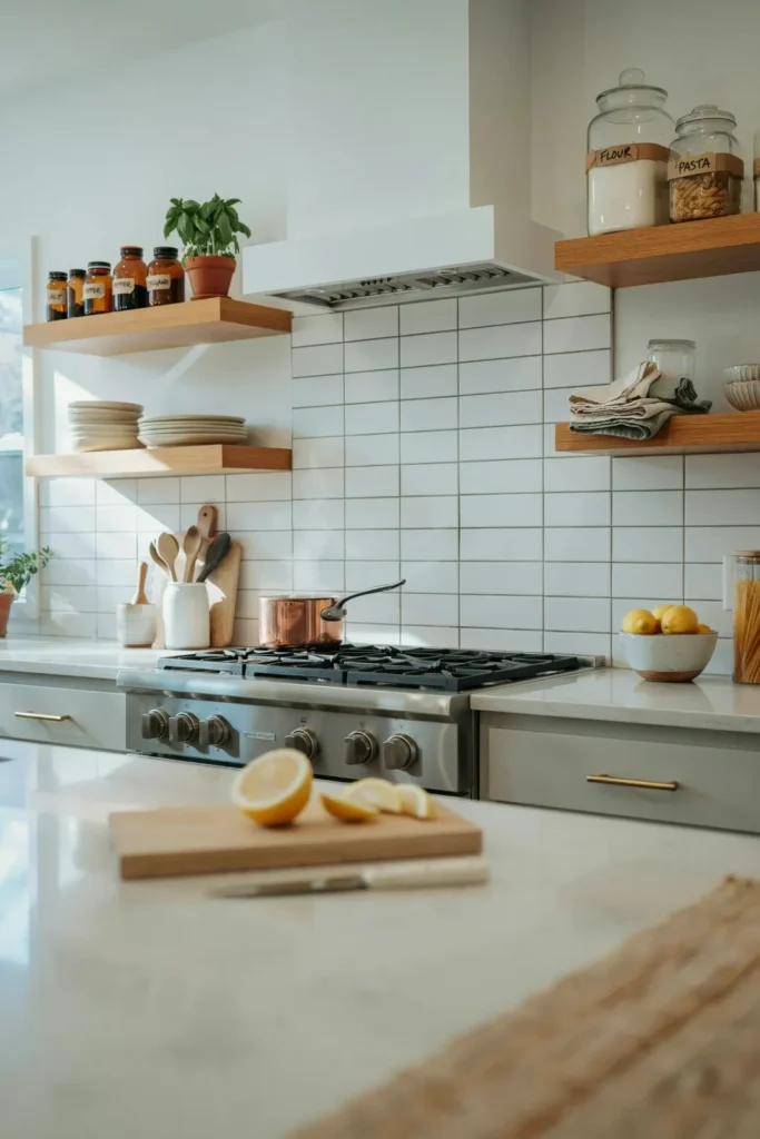 18 Kitchen Shelving Ideas That Make Your Space Look Straight Out of Pinterest 5 Open Shelving Around the Stove