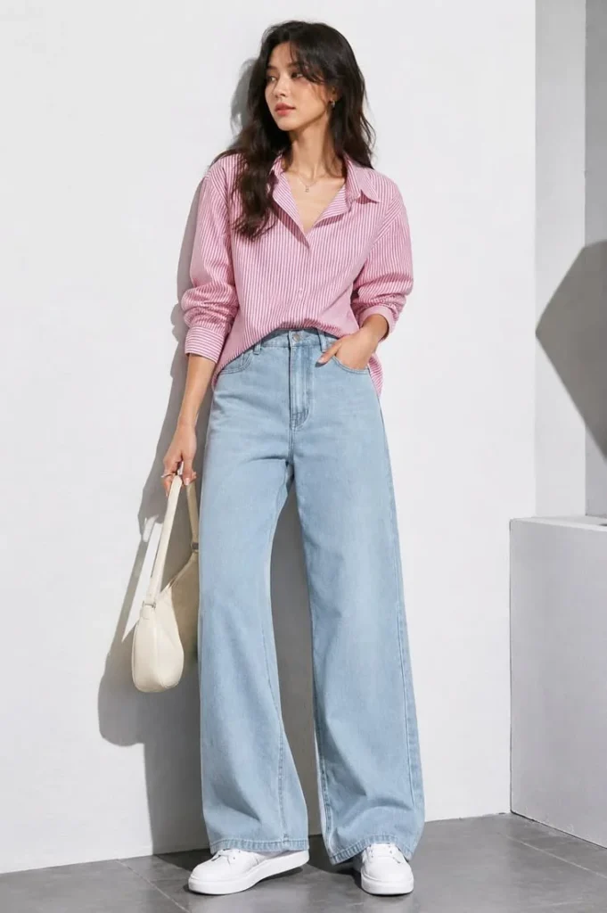 Your Everyday Style Refresh Starts With These 17 Korean Outfit Ideas 2 Oversized Shirt With Straight Leg Jeans