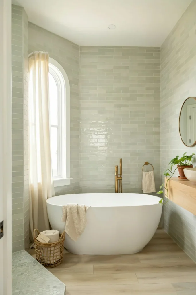 17 Green Bathroom Ideas That Are Giving “Luxury Spa Meets Pinterest Queen” Energy 11 Pale Green Tiles for a Soft Airy Feel 1