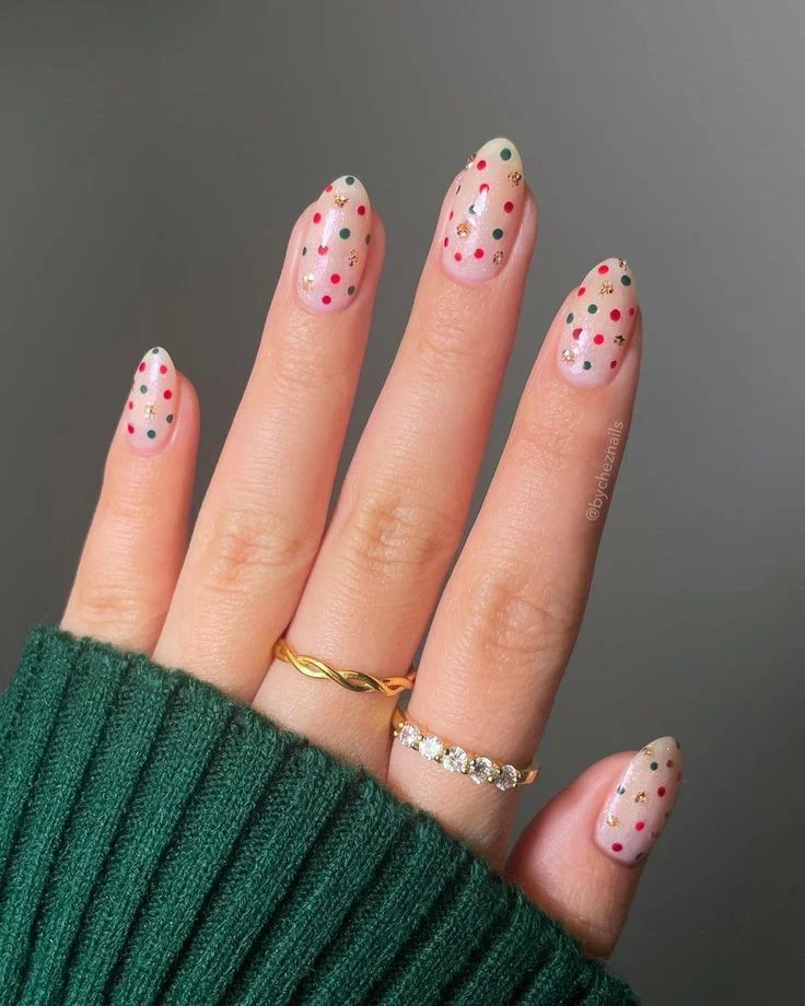 20 Pink Christmas Nail Ideas That Are Way More Fun Than Red & Green (Trust Me) 13 Pink Base Red Green Dots