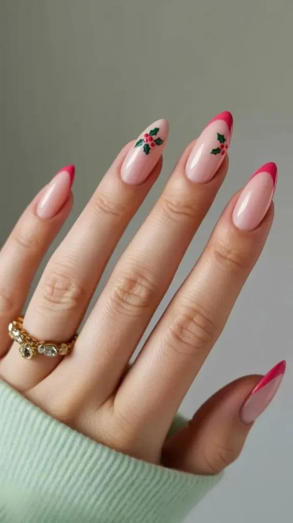 20 Pink Christmas Nail Ideas That Are Way More Fun Than Red & Green (Trust Me) 11 Pink French Tips Holly Details