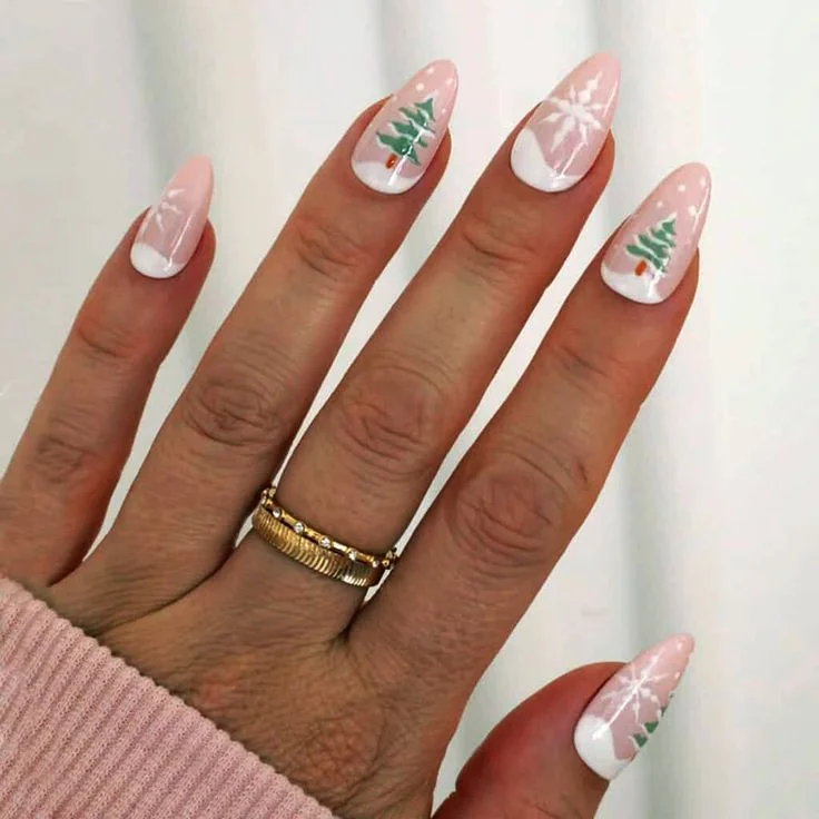 20 Pink Christmas Nail Ideas That Are Way More Fun Than Red & Green (Trust Me) 17 Pink White Striped Trees