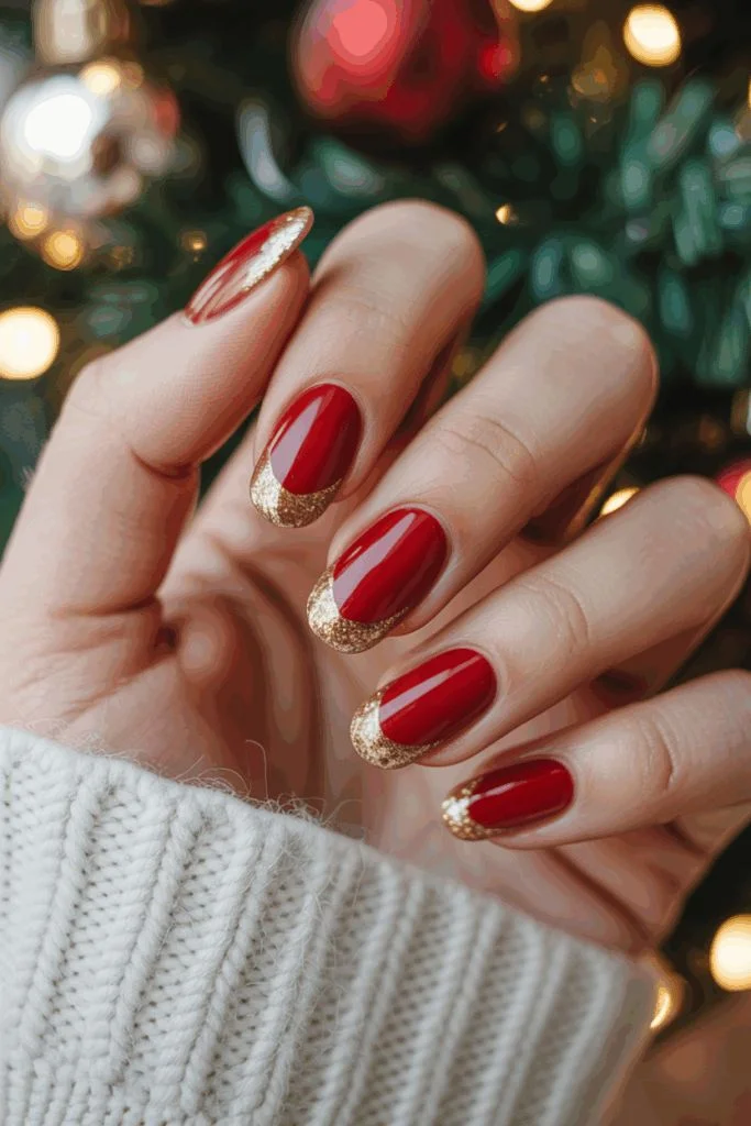 A Little Holiday Glam: 16 Red Christmas Nails That Feel Chic and Festive 3 Red Nails With Gold Glitter Tips