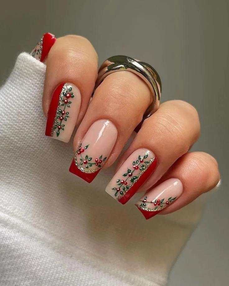 A Little Holiday Glam: 16 Red Christmas Nails That Feel Chic and Festive 16 Red Nails With Holly Leaves