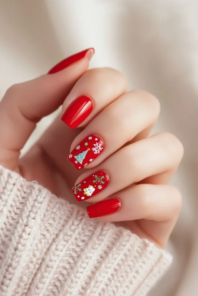 A Little Holiday Glam: 16 Red Christmas Nails That Feel Chic and Festive 8 Red Nails With Tiny Christmas Trees