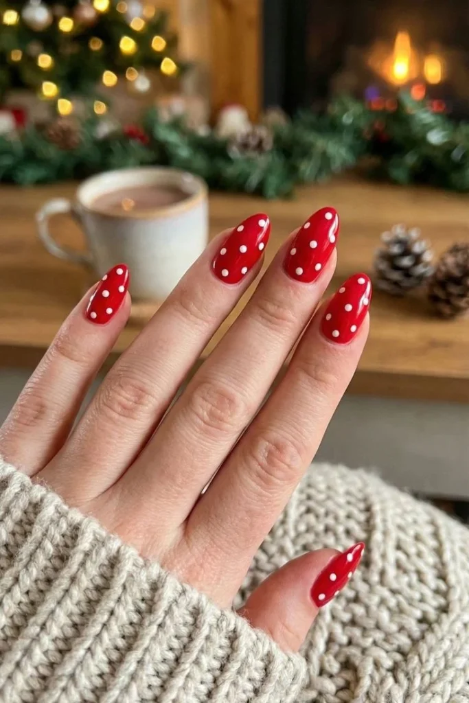 A Little Holiday Glam: 16 Red Christmas Nails That Feel Chic and Festive 14 Red Nails With White Polka Dots