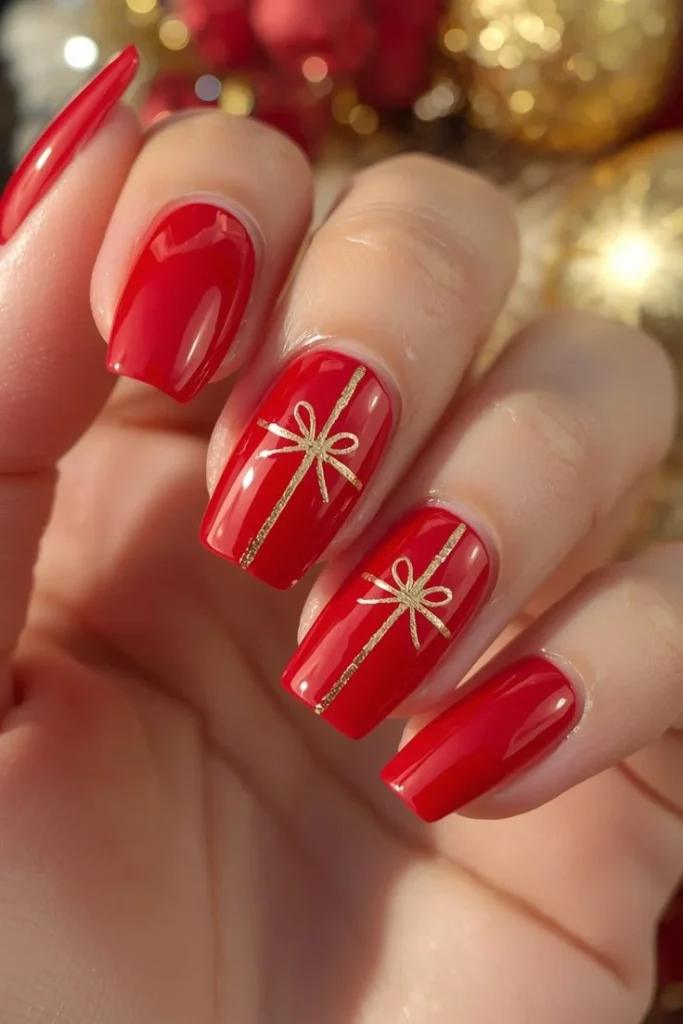 Holiday Nails Made Easy: 17 Simple Christmas Nails That Still Feel Special 16 Red Nails with a Gold Line