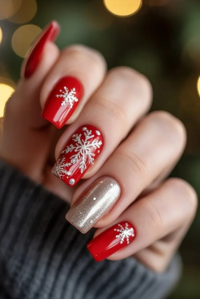 A Little Holiday Glam: 16 Red Christmas Nails That Feel Chic and Festive 10 Red and Silver Snowflake Nails