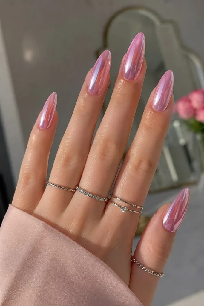 17 Pink Almond Nail Ideas That Are So Pretty, Your Mani Will Break the Group Chat 6 Rosy Chrome Siren Mirror