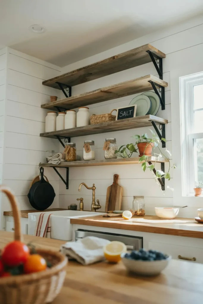 18 Kitchen Shelving Ideas That Make Your Space Look Straight Out of Pinterest 7 Rustic Farmhouse Shelves